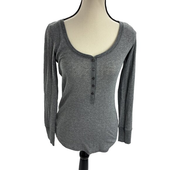 Victorias Secret Womens Size XS Henley Top Gray Long Sleeve Thermal Scoop Neck - Picture 1 of 6